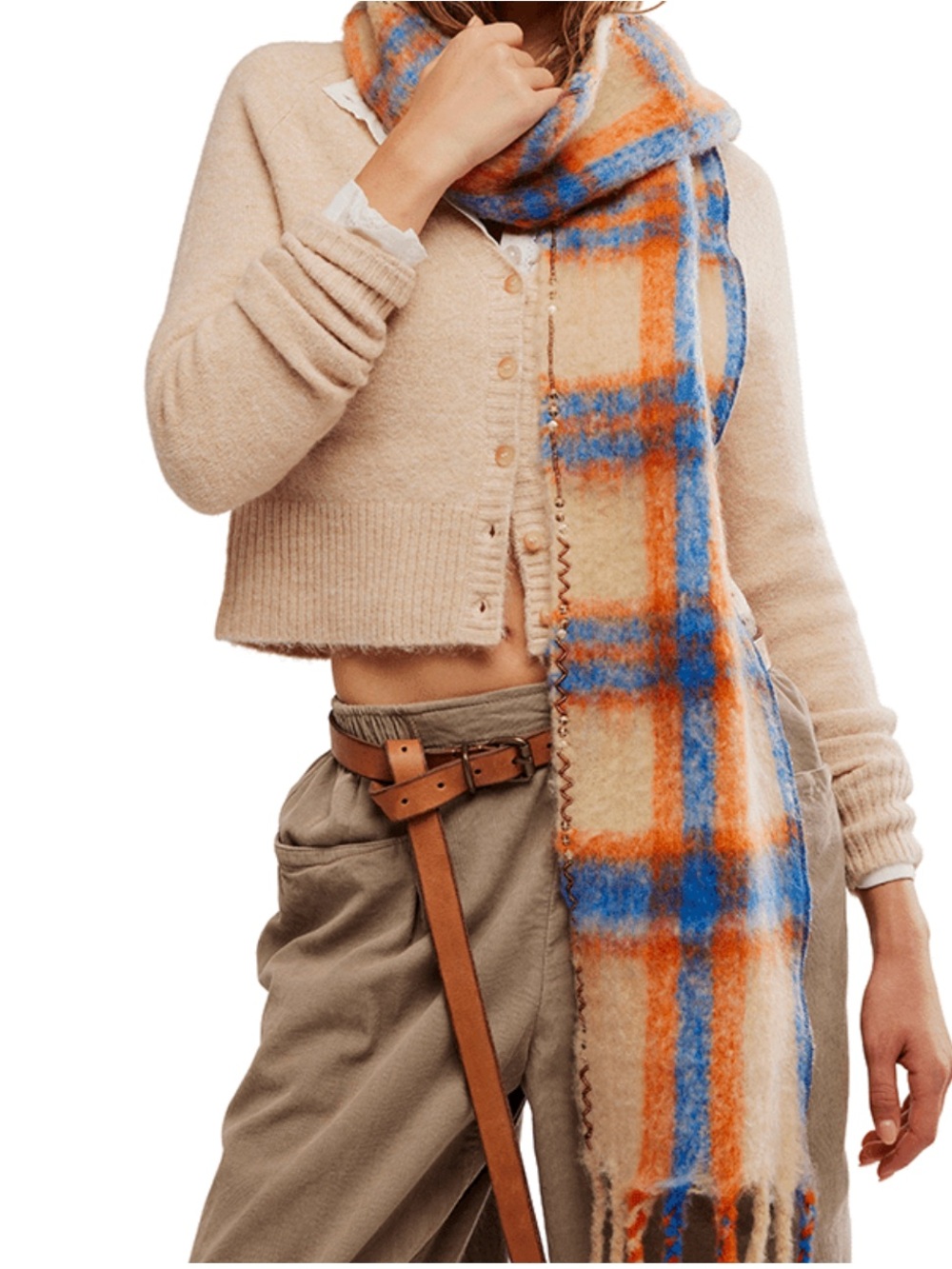Free People Highland Cream, Blue & Orange plaid Cozy Scarf
